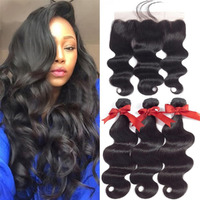 Beauhair Body Wave 3 Bundles With Frontal Human Hair Bundles With Lace Frontal (16 18 20+16 Frontal) Brazilian Body Wave Hair Virgin Hair Ear To Ear 13X4 Frontal Natural Black