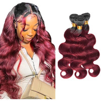 1B99J Ombre Burgundy Body Wave Bundle Black To Burgundy Human Hair 3 Bundles 100% Unprocessed Virgin Hair Brazilian Double Weft Extensions Wine Red Color 24 26 28 Inch For Women