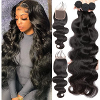 Brazilian Human Hair 3 Bundles With Closure(20 22 24+18)Body Wave 100% Unprocessed Virgin Hair Bundles With 4X4 Lace Closure Free Part Natural Black Color