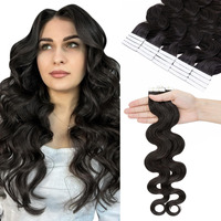Hairro Tape In Hair Extensions Real Hair Wavy 16 Inch 50G 20Pcs/Pack Long Body Wave Thin Silky Seamless Skin Weft Glue In Human Hairpieces Gentle Black