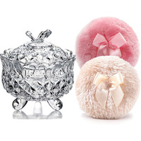 Luxury 4 Inch Glass Loose Powder Container With 2 Soft 3.5"" Puffs|Non-Sealed Refillable Organizer Storage For Body Powder Makeup & Jewelry & Setting Applicator(Butterfly-Clear)