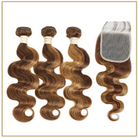 Alher #P4/27 Honey Blonde Highlight Bundles With Closure Human Hair Body Wave, Balayage Ombre Brown 12A 100% Human Hair 3 Bundles And 4X4 Transperant Hd Lace Closure Free Part Baby Hair 14 16 18 +14