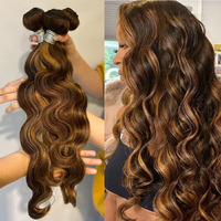 Alher True 4/27 Body Wave Honey Blonde Highlight Ombre Colored 3 Human Hair Bundles 16 16 16 Inch 12A 100% Brazilian Virgin Remy Human Hair Soft Thick Wavy Sew In Weave Highlight Piano Color