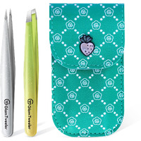 Expert Slant And Point Tip Tweezer Set With Exclusive Storage & Carrying Case, Glamtweeler Sharp & Precision Tweezer Set For Eyebrows, Facial Hairs & Fine Hairs Removal (Sparkle Apple Green + Silver)