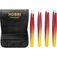 Tweezers Set, Eyebrows Tweezers Set Professional Stainless Steel Tweezers Set - 4 Pieces With Leatherette Travel Case Perfect For Facial Hair, Beauty And Personal Care Tool (Red/Yellow)