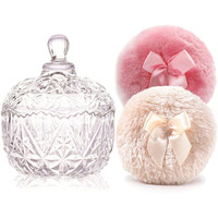 Luxury 4 Inch Glass Loose Powder Container With 2 Soft 3.5"" Puffs|Non-Sealed Refillable Organizer Storage For Body Powder Makeup & Jewelry & Setting Applicator(Crown-Clear)