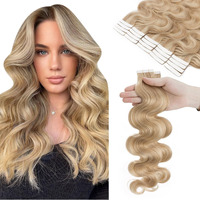 Hairro 18 Inch Tape In Human Hair Extensions Highlight Wavy Thin Hair 100G 40Pcs/Pack Seamless Skin Weft Glue In Body Wave Human Hairpieces Balayage #18/613 Ash Blonde Mix Bleach Blonde