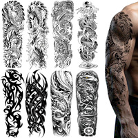 8 Sheets Full Arm Black Temporary Tattoos For Men Adults, Millitary Temp Totem Tattoos Sleeve For Women, Waterproof Body Arm Chest Shoulder Dragon Fish Fake Scary Tattoo Stickers Animal