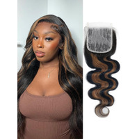 Anmetan Honey Blonde Highlight 4X4 Closure Body Wave Human Hair, Balayage Colored F1B/30 Black With Brown 12A Remy Hair 4X4 Hd Transparent Lace Closure Pre-Plucked Free Part Natural Hairline 14 Inch