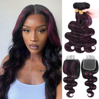 Alher 12A Black Mix Purple Highlight Bundles With 5X5 Closure Human Hair Body Wave, #1B/Purple Burgundy Color 100% Unprocessed Remy Hair 3 Bundles With 5 By5 Lace Closure Free Part 12 14 16+12 In