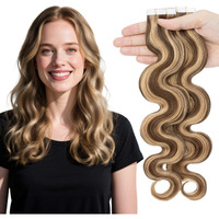Elailite Wavy Tape In Hair Extensions Human Hair Body Wave Real Remy Hairpieces Medium Brown & Dark Blonde 20 Inch 50G 20Pcs Invisible Seamless Skin Weft Best Tape For Women