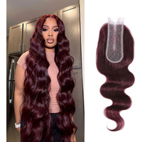 Dsekcain 2X6 Hd Lace Closure Human Hair Body Wave 99J Burgundy Dark Red Wine Color Transparent Lace Closure 2X6 Long Deep Middle Part 100% Raw Virgin Human Hair 16 Inch 150% Density
