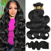 Brazilian Body Wave Human Hair Bundles With Closure 12A Human Hair Bundles With Closure 22 24 26+20Inch 100% Unprocessed Virgin Body Wave 3 Weaves With 4X4 Lace Closure Natural Black