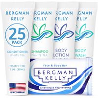 Bergman Kelly - Hotel Toiletries Bundle - White Tea, 1 Oz Ea, 125 Pieces - 5-Piece Set: 25 Ea Rectangular Bar Soap, Shampoo, Conditioner, Body Lotion & Body Wash - Bulk Mini Guest Amenities