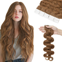 Hairro Tape In Human Hair Extensions Body Wave 24 Inch 20Pcs 50G/Pack Blondish Brown Long Wavy Seamless Skin Weft Glue In Human Hairpieces With Invisible Double Sided Tape