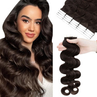 Hairro Tape In Human Hair Extensions Body Wave 24 Inch 20Pcs 50G Highlight Long Wavy Seamless Skin Weft Glue In Human Hairpieces With Invisible Double Sided Tape #2 Dark Brown
