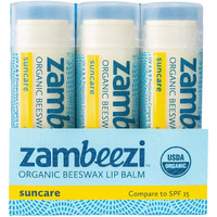 Zambeezi Organic, Fair Trade Beeswax Lip Balm - Suncare 3 Pack - Mineral Based Zinc Oxide Sun Protection - Ethically Sourced