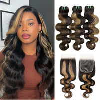 Hermous 13A Double Drawn 3 Bundles With Closure Human Hair Body Wave, Ultra Thick Highlight F1B/27 Honey Blonde Ombre 3 Bundles With 5X5 Hd Lace Closure Free Part Wavy100% Virgin Hair 14 16 18+14 In
