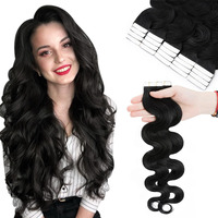 Hairro 18 Inch Tape In Human Hair Extensions Wavy Thin Long Hair 50G 20Pcs/Pack Seamless Skin Weft Glue In Body Wave Human Hairpieces With Invisible Double Sided Tape #1 Jet Black