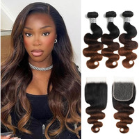 Auroo Chestnut Brown Ombre Body Wave 3 Bundles With 5X5 Closure Human Hair 22 24 26+20, 12A 3 Tone Medium Brown Colored Wavy Human Hair Bundles With Hd Lace Closure Free Part #T1B/2/30 Ombre Remy Weft