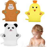 Qianyu 3Pcs Bath Mitt Washcloth Glove Exfoliating Glove Body Scrubber Cute Cartoon Design Exfoliating Glove Gentle Soft Scrub Loofah Bath Sponge For Kid Shower Washing Easy Lather (Yellow/White/Brown)