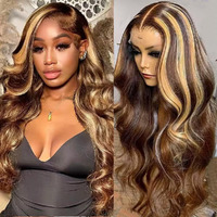 28 Inch Highlight 13X6 Body Wave Hd Transparent Lace Front Wigs Human Hair 4/27 Honey Blonde Body Wave Lace Frontal Wig For Women 250% Density Glueless Ombre Wig Pre Plucked With Baby Hair