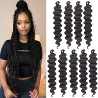 Cookoo 9 Packs Body Wave Braiding Hair 30 Inch Natural Black Pre-Feathered Bouncy Braiding Hair French Curls Wavy Crochet Braids Hair Synthetic Hair Extensions For Goddess Boho Box Braids(1B#)