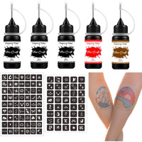 Temporary Tattoos Kit, Semi Permanent Tattoo, 3 Colors Diy Tattoos, Full Kit 64 Pcs Adhesive Stencil For Women Kids Men Body Markers - 5 Bottles (Black/Red/Brown)