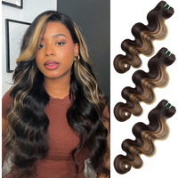 Hermous 13A Double Drawn Honey Blonde Highlight Fb27 Bundles Body Wave Human Hair, Black With Honey Brown Highlight Human Hair 3 Bundles Unprocessed Remy Hair F1B/27 Ombre Hair Extension 14 16 18 Inch