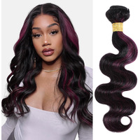 Alher Black Mix Purple Highlight Bundle Human Hair Body Wave, 12A Soft Thick Single Bundle Wavy Human Hair, 100% Remy Hair Midnight Purple Dark Burgundy Highlight Two Tone Color (#1B/Purple, 8 Inch)