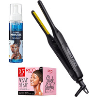 Red By Kiss 3 Pcs Styling Set For Curls, 0.3    Ceramic Tourmaline Pencil Flat Iron, Foaming Mousse With Jamaican Black Castor Oil, Ultra Strong Hair Wrapping Strips For Sleek Styles & Frizz Control