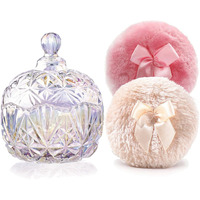 Yilushenghua Luxury 4 Inch Glass Loose Powder Container With 2 Soft 3.5"" Puffs|Non-Sealed Refillable Organizer Storage For Body Powder Makeup & Jewelry & Setting Applicator(Crown-Dazzling Color)