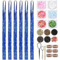 Blue Hair Tinsel Kit With Body Glitter 48 Inch 3000 Strands Glitter Tinsel Hair Extensions With Tools Fairy Hair Accessories, Suitable For Festivals And Daily Use (Sapphire Blue Tinsel Kit)
