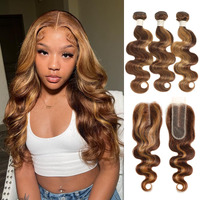 Alher Highlight Bundles With 2X6 Hd Closure Body Wave Human Hair, P4/27 Honey Blonde Highlight Ombre 3 Bundles With 2X6 Kim K Lace Closure With Baby Hair 14 16 18 +14 In