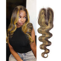 Dsekcain Highlight Yellow Golden Blonde On Chocolate Brown Color 2X6 Hd Lace Closure Human Hair Body Wave Long Middle Part Transparent 2X6 Lace Closure 100% Raw Virgin Human Hair 18 Inch 150% Density