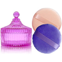 2 Pack Extra Large 5.2"" Beige & Purple Powder Puffs And 5.3"" Glass Container - Oversized Soft Body & Face Large Powder Puff Dusting Powder Jar Holder Case(Pink Glass)