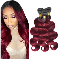 1B99J Ombre Burgundy Body Wave Bundle Black To Burgundy Human Hair 3 Bundles 100% Unprocessed Virgin Hair Brazilian Double Weft Extensions Wine Red Color 22 24 26 Inch For Women