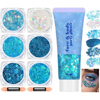 Freeorr Blue Face And Body Hair Glitter Gel, Party Concerts Cheer Face Paint Holographic Chunky Festival Rave Accessories Glitter Makeup, 6 Kinds Of Sparkling Sequins For Hair Nail Eye Lip Body