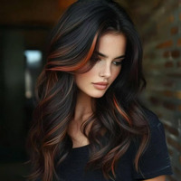 Jolelyne Highlight Orange Layered Wavy Wig With Curtain Bangs For Black Women Synthetic Black Mixd Orange Highlight Wig Long Curly Natural Body Wave Butterfly Hair For Daily Party Use 24Inch
