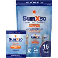 Coretex Sun X 50 Spf Broad Spectrum Sunscreen Packets With Resealable Travel Bag - Pack Of 15 Paraben, Oxybenzone, Octinoxate, & Oil Free Sunscreen - Water & Sweat Resistant Up To 80 Minutes