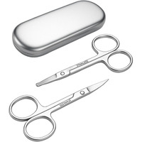 Familife Facial Hair Trimming Scissors Set For Men & Women - Eyebrow, Nose, Mustache, Beard, Eyelash - 2Pcs Premium Stainless Steel Scissors With Curved & Straight Blades + Metal Storage Box