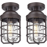 Emliviar Pack Of 2 Semi-Flush Mount Ceiling Lights With Water Ripple Glass Shade, Vintage Metal Ceiling Lamps In Oil Rubbed Bronze Finish, Ge255Lf-2Pk Orb-Wg