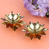 Craftsman 2 Pc Set Of Brass Copper Lotus Flower Petals Kamal Shape Metal Akand Diya For Traditional Indian Festive Diwali Deepawali Puja Pooja Dia Home Temple Decoration Oil Lamp Gift Item