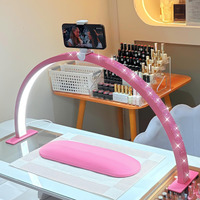 Ffkjdm Half Moon Light For Nail Desk - 29-Inch Led Nail Tech Lamp With Hands Pillow, Phone Holder,Dimmable Arch Design,48W Portable Manicure Light For Salon And Home Use(Pink-Pink Diamond)