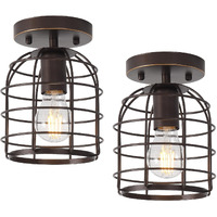 Create For Life Industrial Vintage Flush Mount Ceiling Light,Rustic Metal Cage Semi Flush Mount Ceiling Lamp Fixture For Hallway Stairway Kitchen Garage, E26, Oil Rubbed Bronze Finish,2 Pack