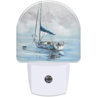 Sndheke Blue Sailboat In Harbor Night Light Plug Into Wall, Boat Ocean Oil Painting Dusk To Dawn Night Light Plug In,0.5W Energy Saving Sleep Friendly Nightlight For Kids Boys Girls Home Decor