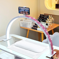 Ffkjdm Half Moon Light For Nail Desk - 29-Inch Led Nail Tech Lamp With Hands Pillow, Phone Holder,Dimmable Arch Design,48W Portable Manicure Light For Salon And Home Use(White-Pink Diamond)