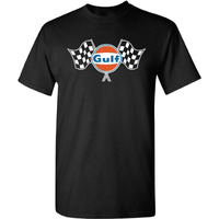 Gulf Oil Officially Licensed Men's Premium Short Sleeve T-Shirt, Gulf Classic Logo With Finishing Flags Graphic Tee (Us, Alpha, 3X-Large, Regular, Regular, Black/Multi)