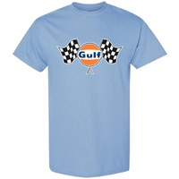 Gulf Oil Officially Licensed Men's Premium Short Sleeve T-Shirt, Gulf Classic Logo With Finishing Flags Graphic Tee (Us, Alpha, Large, Regular, Regular, Light Blue)
