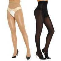 Yilanmy Shiny Sheer Tights Open Crotch Pantyhose For Women High Waist Shimmery Tights Oil Shimmery Nylons 2 Pairs(Black+Natural,S-M)